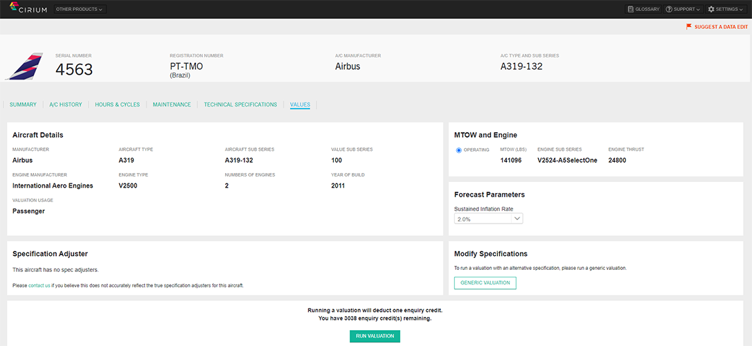 Values Analyzer screenshot of Aircraft detailed profile based on serial number
