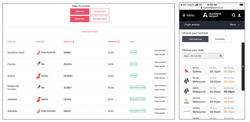 Auckland Airport flight status app, powered by Cirium.