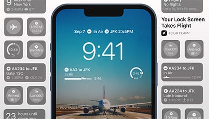 Screen shot of Flightly App showing Lock Screen and different data modules.
