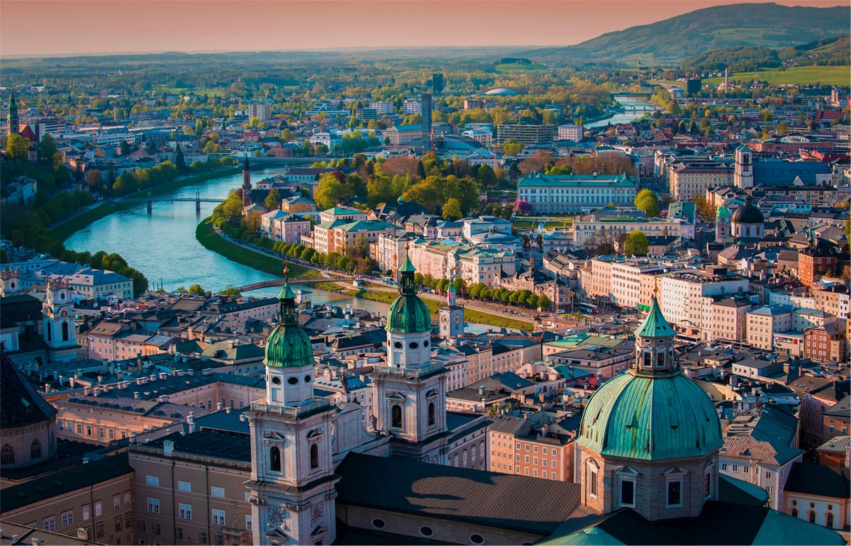 Autumn season at a historic city of Salzburg with Salzach river