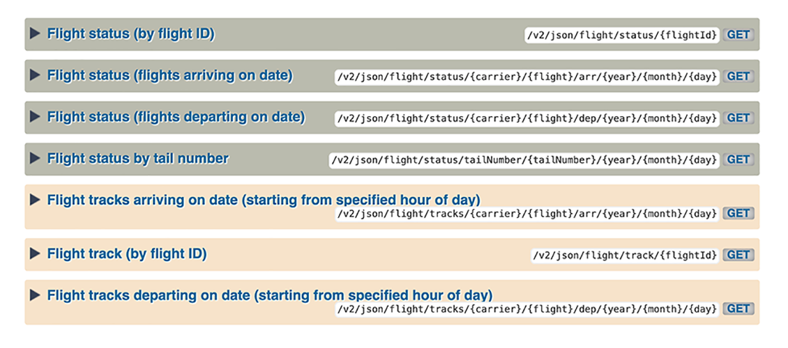 フライトステータスAPIのオプションには、日付またはフライトID別の到着、出発、フライト追跡情報が含まれています。